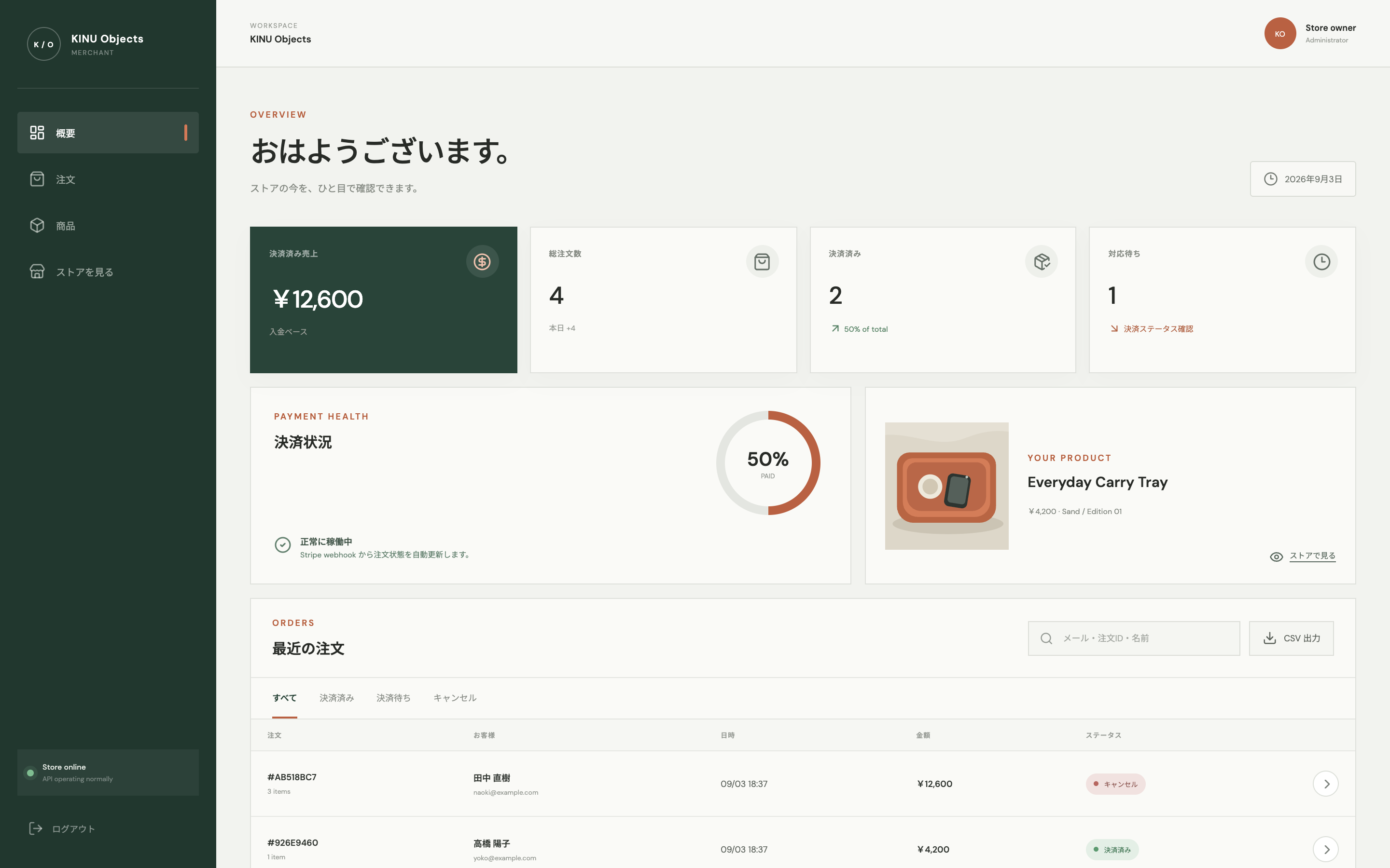 Nano Checkoutの管理画面デモ。売上や注文にはサンプルデータを表示。