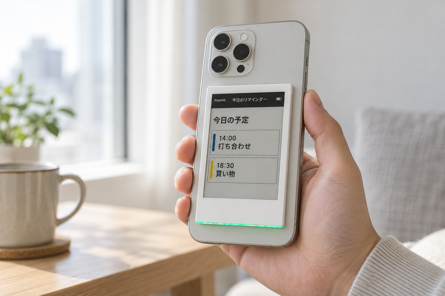 スマートフォンの背面に取り付けた白い縦型Pinmooの使用イメージ。日本語で今日の予定を表示し、下部に細いグリーンのライト。